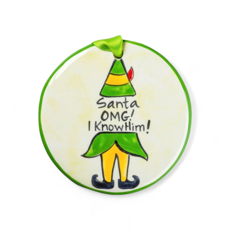 Round ceramic ornament with elf design and text &