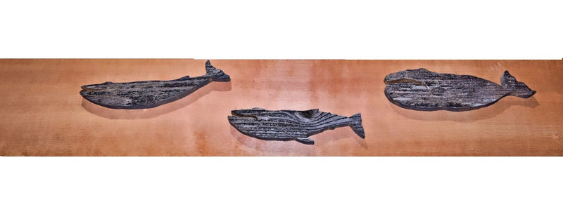 Three Reclaimed Wooden Whales on Elm Plaque