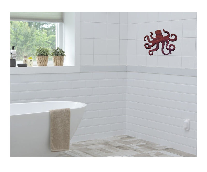 Wooden Octopus Figure in a bathroom available at harvestarray.com