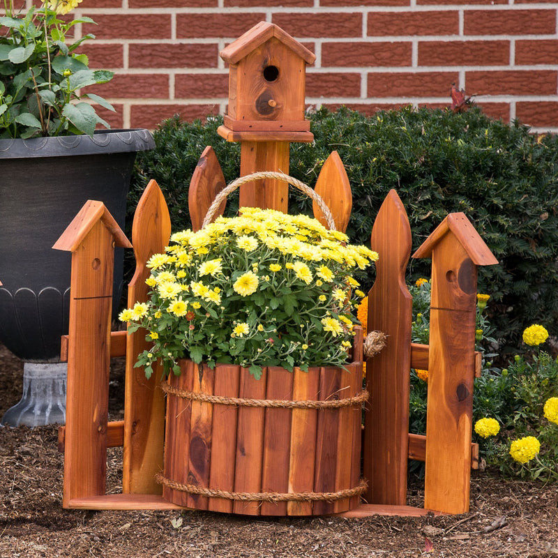 Regular Sized Cedar Wood Corner Picket Fence Planter with a Birdhouse