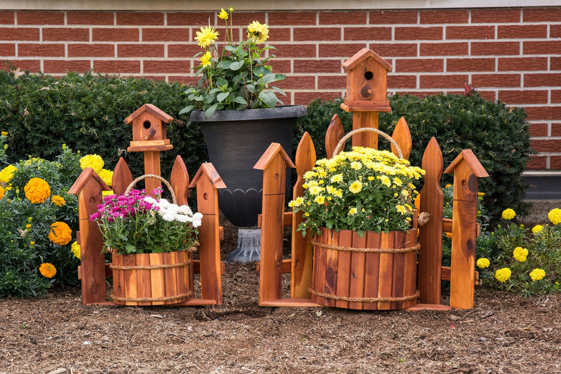Medium and Small sized Amish Made Corner Picket Fence Planter with a Birdhouse