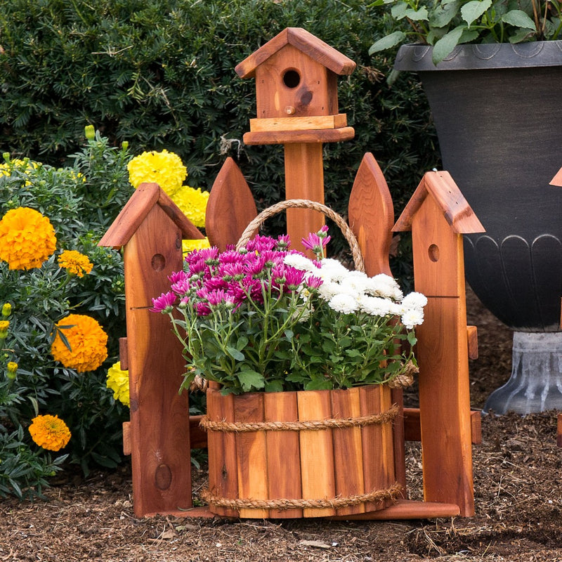Mini Sized Corner Picket Fence Planter with a Birdhouse made of Cedar
