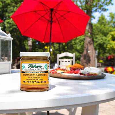 Fisher's Regular Sweet Mustard Style Dip from Harvest Array is a must on meets and cheeses from a charcuterie board.