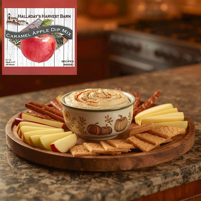 Dip platter with caramel apple dip, apples, crackers, and pretzels on a kitchen counter with Halladay's Caramel Apple Dip Mix from harvestarray.com.