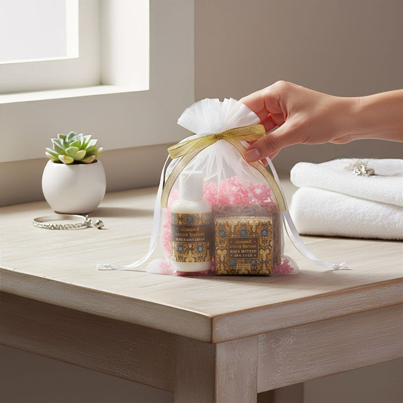 Almond Cocoa Butter Soap and Lotion Gift Bag from Harvest Array includes 2 oz lotion, 1.9 oz. bar soap, and brown soap saver.