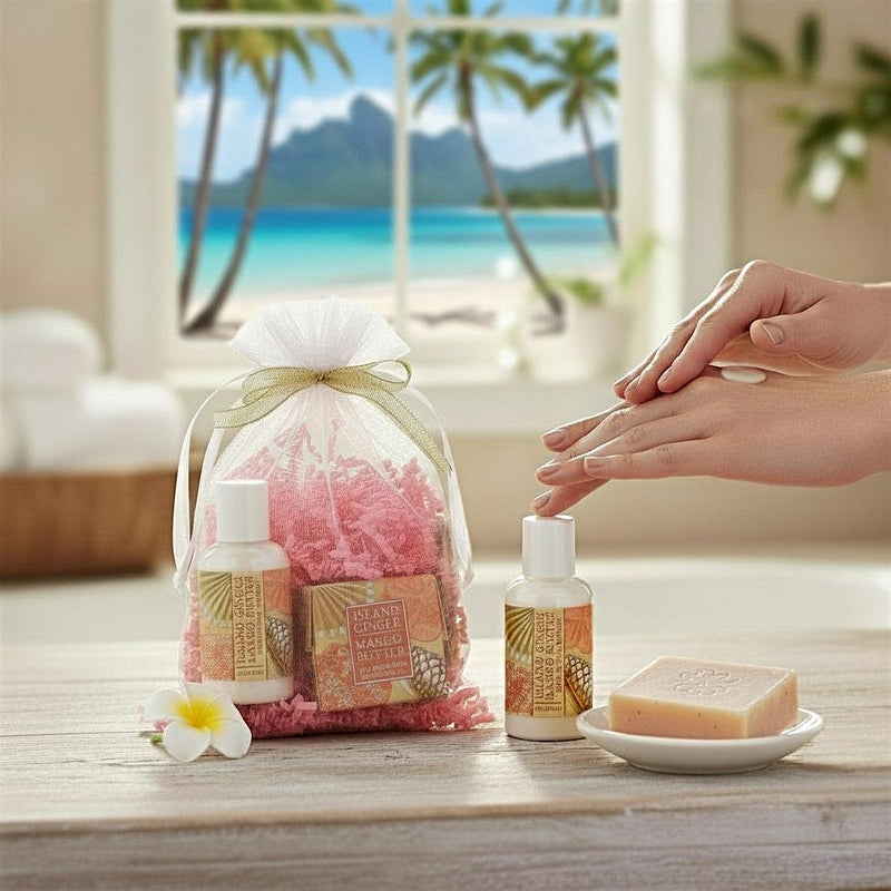 Mini Soap, Lotion, and Soap Saver Gift Bag in Island Ginger Mango Scent. Contains shea butter that is naturally vitamin rich to soothe skin.
