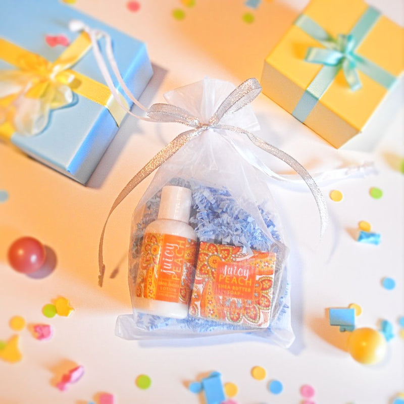 Order a birthday gift today at harvestarray.com like our Mini Soap, Lotion, and Soap Saver Gift Bag . They come in 6 different scents like this Juicy Peach.