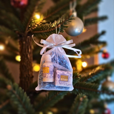 Decorate the Christmas tree with Lavender Chamomile Mini Soap, Lotion, and Soap Saver Gift Bags.