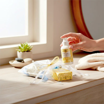 Our Pineapple Cocoa Butter Mini Soap, Lotion, and Soap Saver Gift Bag  comes with a 2 oz. lotion, 1.9 oz soap bar, and matching soap saver. Great for travel.