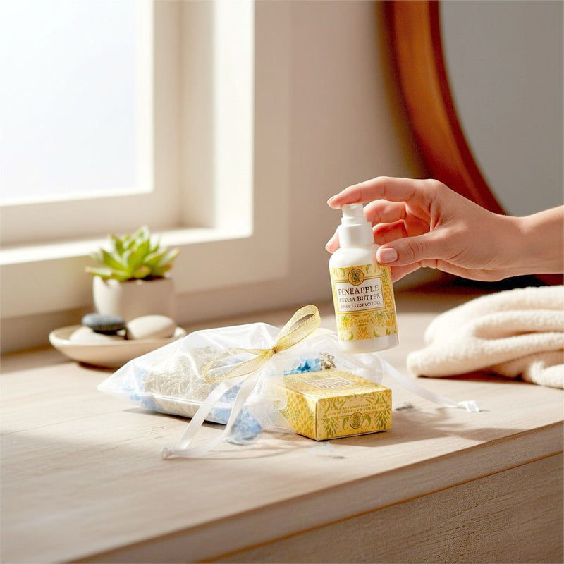 Our Pineapple Cocoa Butter Mini Soap, Lotion, and Soap Saver Gift Bag  comes with a 2 oz. lotion, 1.9 oz soap bar, and matching soap saver. Great for travel.