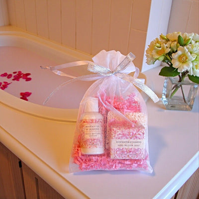 Botanical Scented Mini Shea Butter Lotion and Bar Soap with a handy soap saver in a pretty gift bag from Harvest Array.