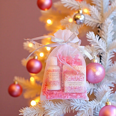 Rosewater & Jasmine Mini Soap, Lotion, and Soap Saver Gift Bag can be hun on the Christmas tree for that special someone. 