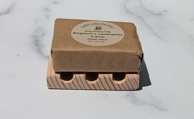 The cedar soap dish will accommodate many of the bar soaps we carry on harvestarray.com.