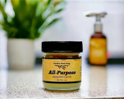 Shop Harvest Array for an All Natural, All Purpose Healing Salve in a travel size jar.