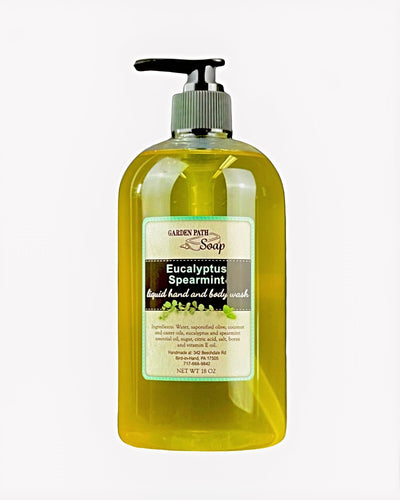Eucalyptus Spearmint Liquid Hand and Body Wash comes in an 18 oz. pump bottle for easy use, from Harvest Array.