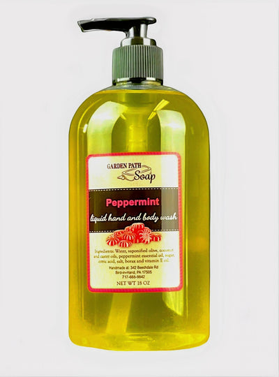 Garden Path Soap Peppermint Liquid Hand and Body Wash comes in an 18 oz. pump bottle for easy use, from Harvest Array.