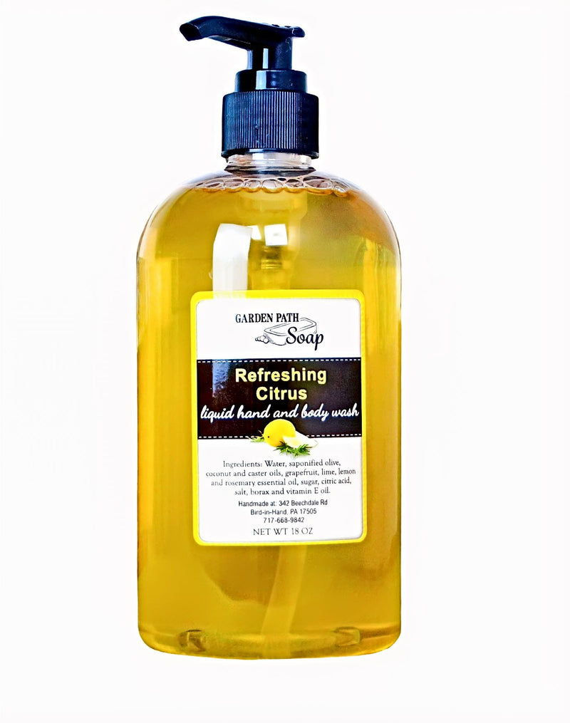 Refreshing Citrus Liquid Hand and Body Wash comes in an 18 oz. pump bottle for easy use, from Harvest Array.