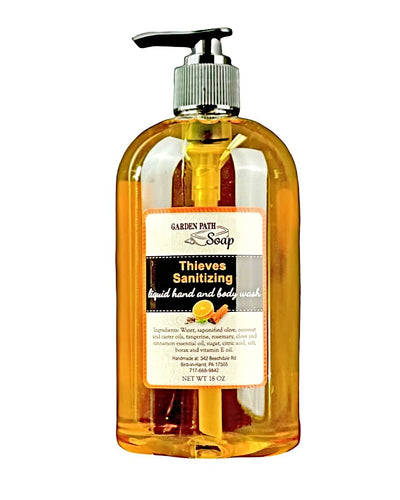 Thieves Sanitizing Liquid Hand and Body Wash comes in an 18 oz. pump bottle for easy use, from harvestarray.com.