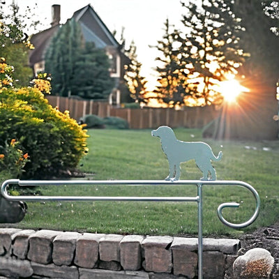 Metal Garden Flag Holder with Decorative Lab Dog Golden Retriever Dog Emblem on top.