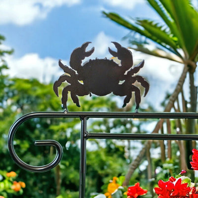 Metal Garden Flag Holder with Decorative Crab Emblem on top.