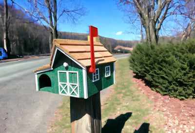 Green and White Wooden Mailbox with Cedar Roof and Newspaper Holder on a post