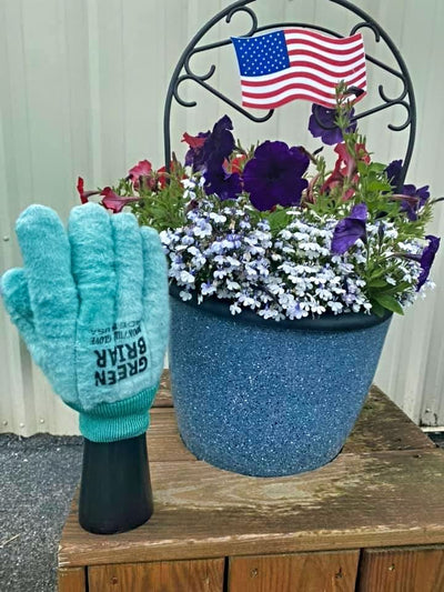 Green Briar Men's Work Gloves can be used to plant Red, white and blue flowers in a pot for 4th of July.