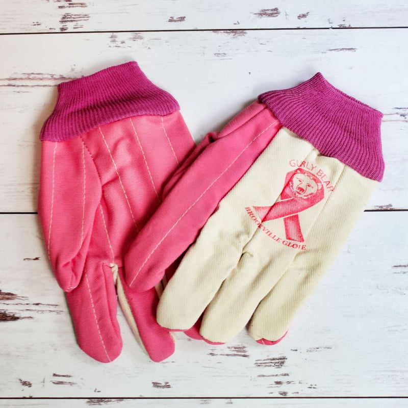 Gurly Bear Ladies Pink and White Work Gloves - Small. Order today from Harvest Array and a portion of the sale will go to Breast Cancer Research.