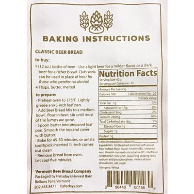 Back of the package of Vermont Beer Bread Classic Mix from Halladay's. showing the recipe, nutrition facts, and ingredients. Made in the USA.