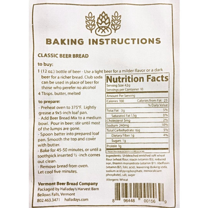 Back of the package of Vermont Beer Bread Classic Mix from Halladay&