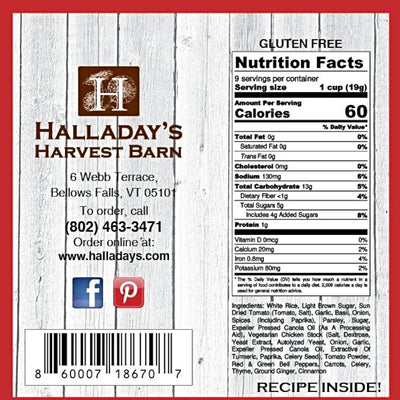 Nutrition label and ingredients for Halladay's Creamy Tomato Basil Soup Mix.