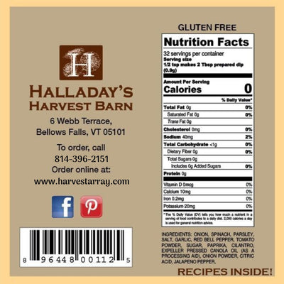 The Back label of Halladay's Roasted Red Pepper Dip Mix shows nutrition information and ingredients.  Order today from harvestarray.com.