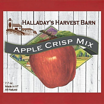Label for Halladay's Harvest Barn Apple Crisp Mix with a large red apple and scenic background. Order Now from harvestarray.com.