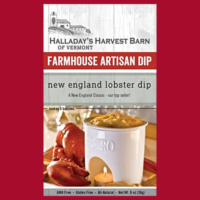 Halladay's Harvest Barn of Vermont Farmhouse Artisan Dip Mix packaging for New England lobster dip is now available at harvestarray.com.