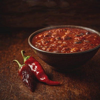 Bowl of chili made with Halladay's Spicy Chili Seasoning Mix. 