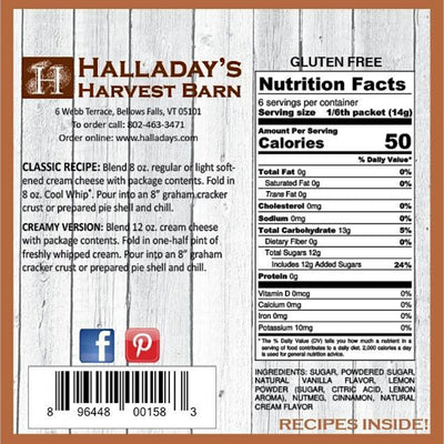 Halladay's Harvest Barn Cinnamon Bun label with nutrition facts and recipe information.