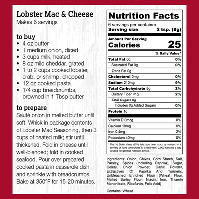 Nutrition facts , ingredients, and recipe label for Halladay's Lobster Mac and Cheese Pasta Sauce Mix. Makes 6 servings.