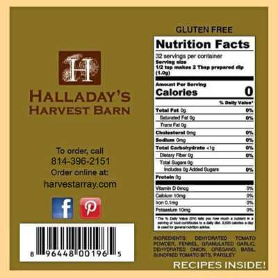 Halladay's Harvest Barn label with nutrition facts, contact information, and ingredients. Order today from Harvest Array.