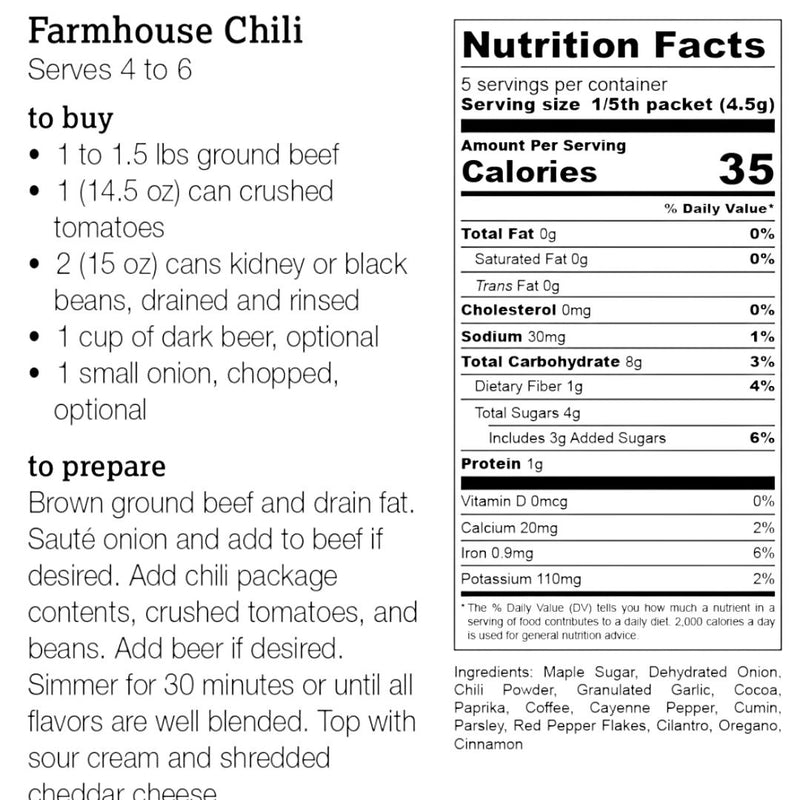 Firehouse Mild Chili recipe card with ingredients and nutrition facts.