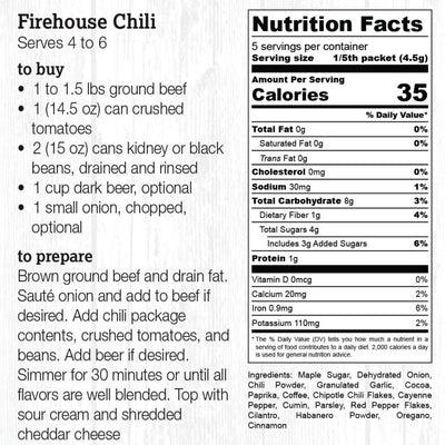 Firehouse Spicy Chili recipe card with ingredients and nutrition facts.