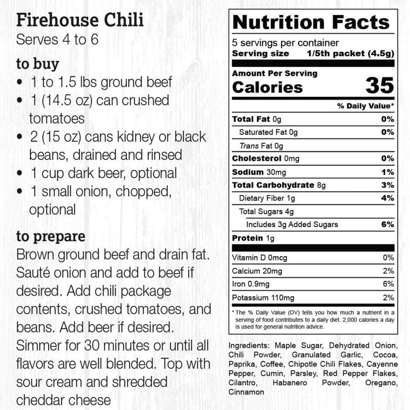 Firehouse Spicy Chili recipe card with ingredients and nutrition facts.