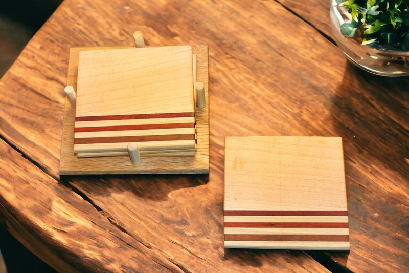 The wooden coasters and holder set