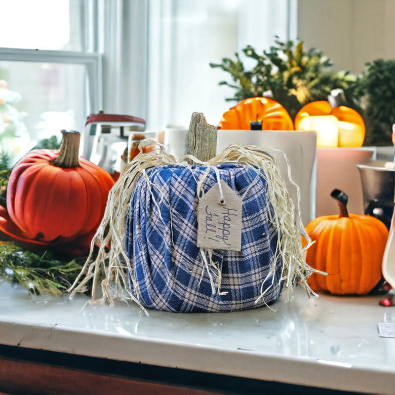 Blue Plaid Handcrafted Fabric Pumpkins with Raffia on Top