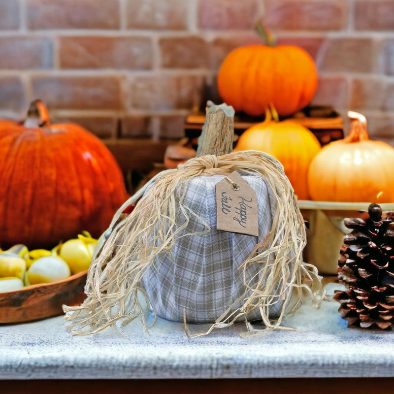 Gray Plaid Handcrafted Fabric Pumpkins with Raffia on Top