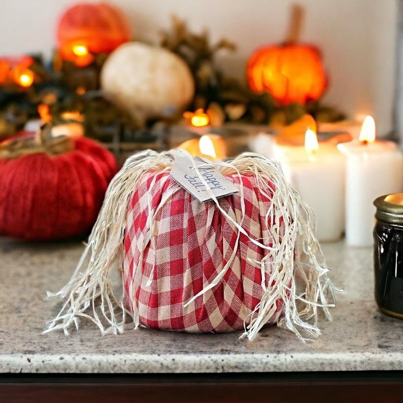Red Plaid Handcrafted Fabric Pumpkins with Raffia on Top