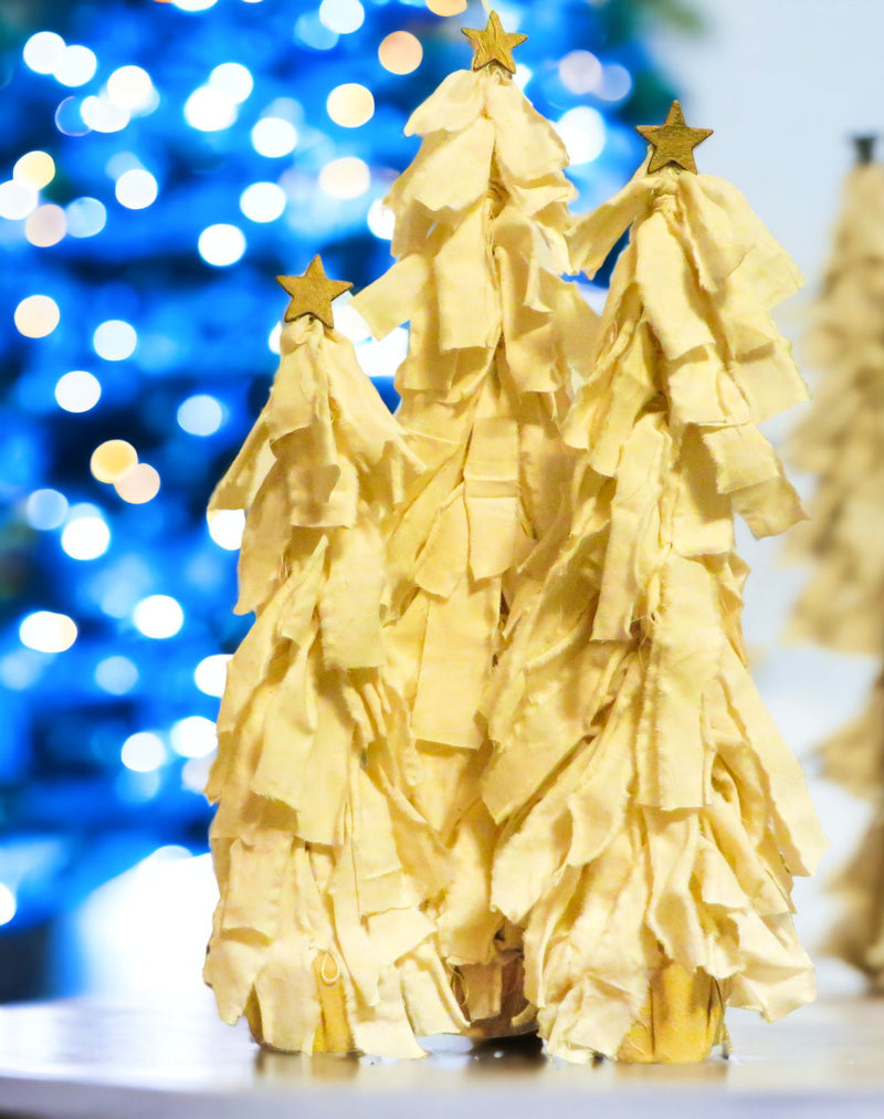 Set of 3 Shabby Chic Muslin Christmas Trees that were handmade for Harvest Array