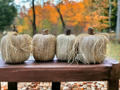 Handmade Twine Pumpkins. Choose with Raffia or without. For Indoor use only.
