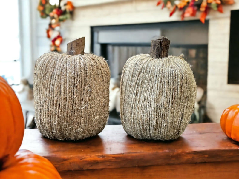 Handmade Twine Pumpkins with Wooden Stems on Harvest Array 