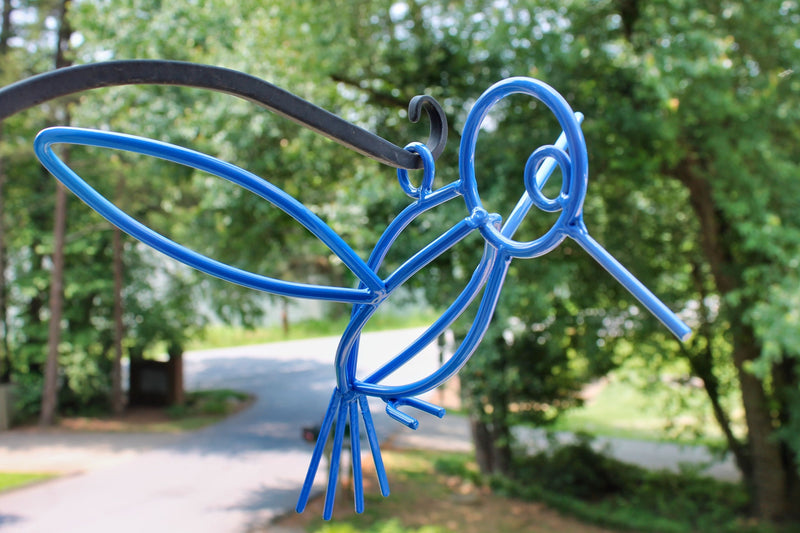 Close up of the blue Powder Coated Metal Hanging Hummingbirds