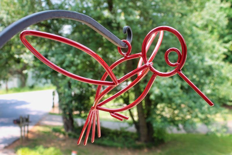Close up of the red Powder Coated Metal Hanging Hummingbirds