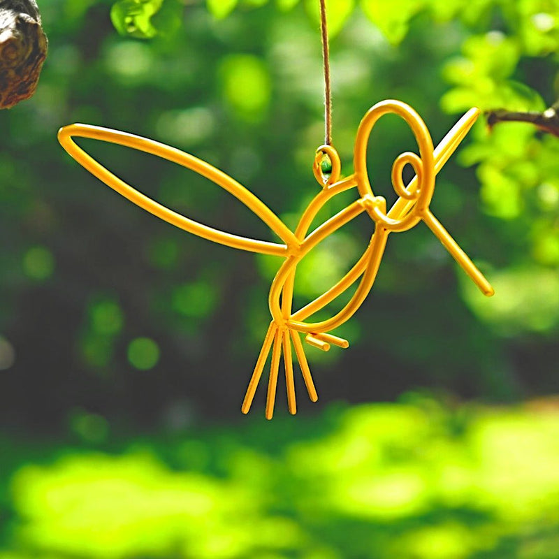 Amish made Yellow Powder Coated Metal Hanging Hummingbirds.